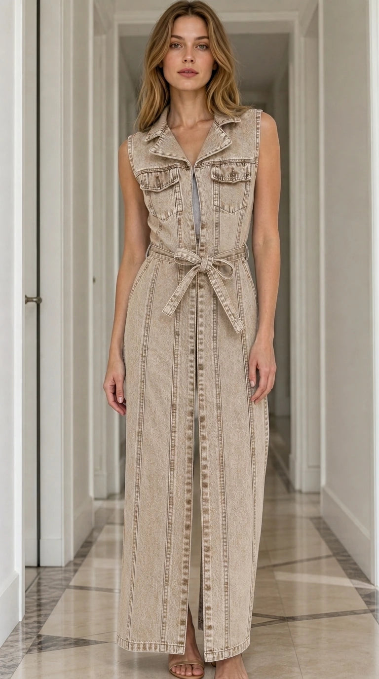 Model wearing beige denim maxi dress