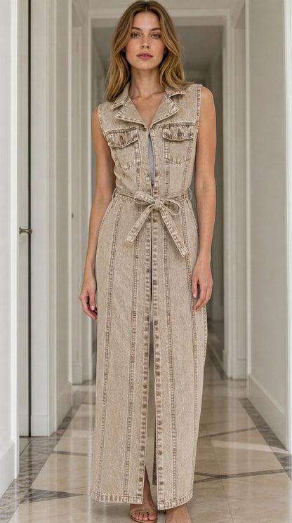 Model wearing beige denim maxi dress