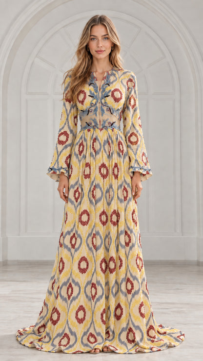 Full front view of yellow ikat print embroidered evening maxi dress