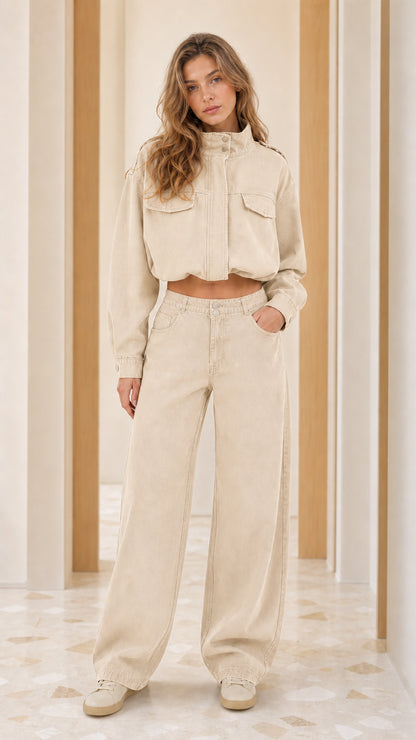 Model wearing Beige cropped utility jacket and matching wide-leg pants