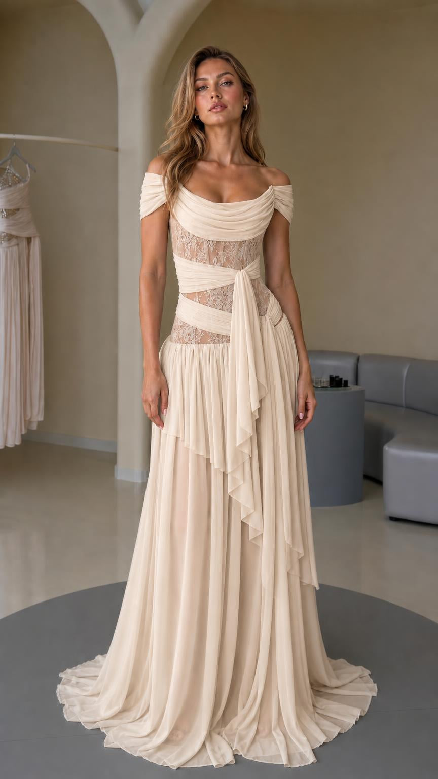 Front view of champagne colored elegant maxi dress