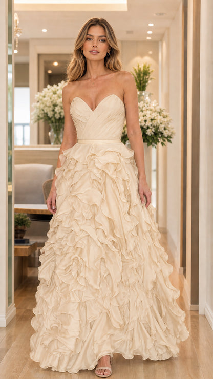 Model wearing champagne strapless ruffled evening dress