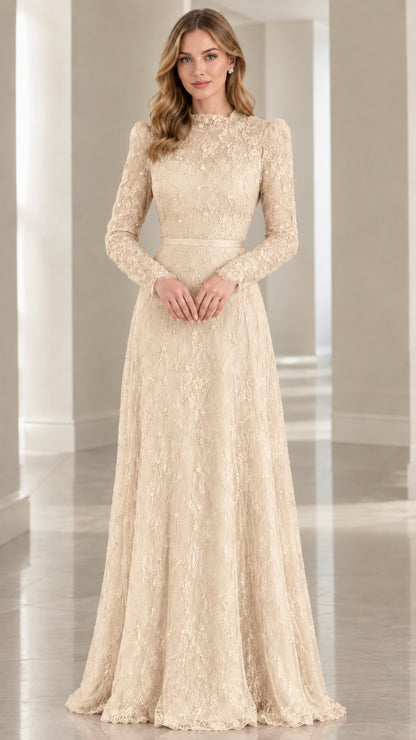 Model wearing champagne cream long-sleeve formal lace maxi dress