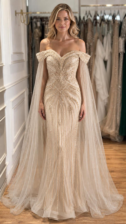 Champagne beaded mermaid evening gown with cape