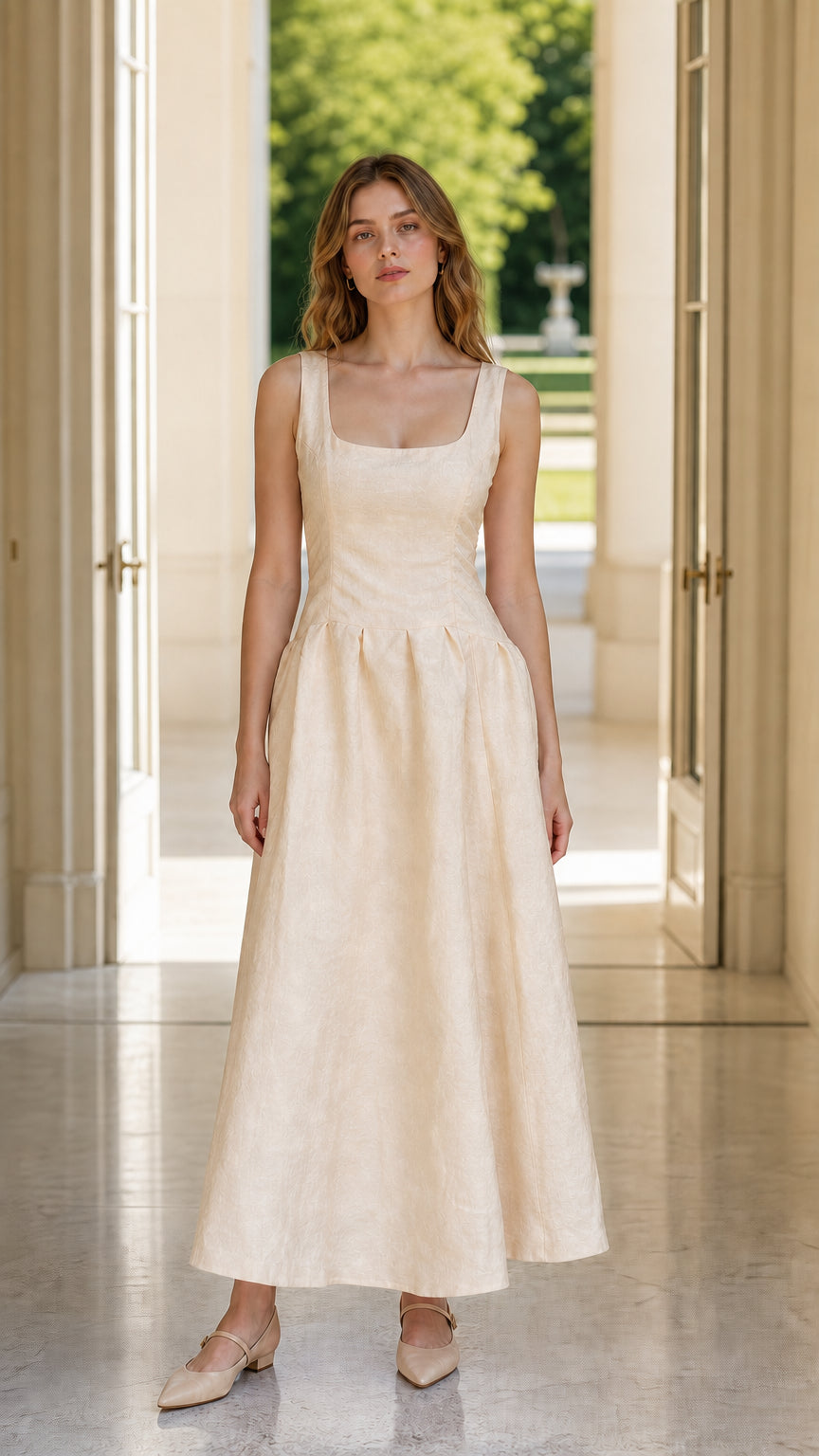 Model wearing beige variant of the midi dress