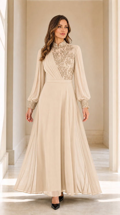 Champagne beige embellished high neck long sleeve chiffon maxi gown