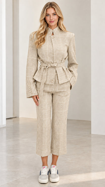 Full front view of Beige tan plaid belted peplum pant suit set