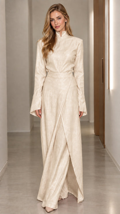 Front full view of woman wearing Champagne cream long sleeve mandarin collar wrap maxi dress