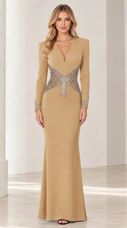 Champagne gold floor-length evening dress with crystal embellished waistline