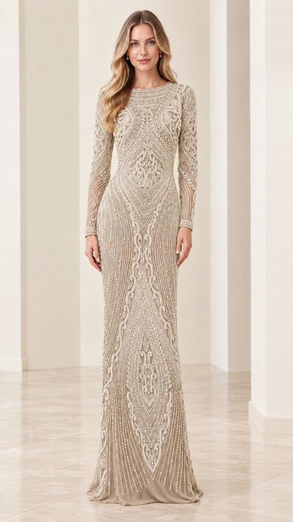 Champagne gold long sleeve beaded floor length evening gown