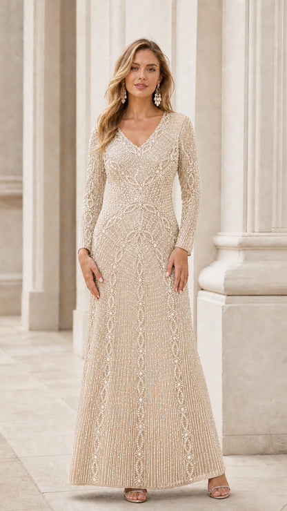 Front view of champagne gold long sleeve beaded formal evening gown