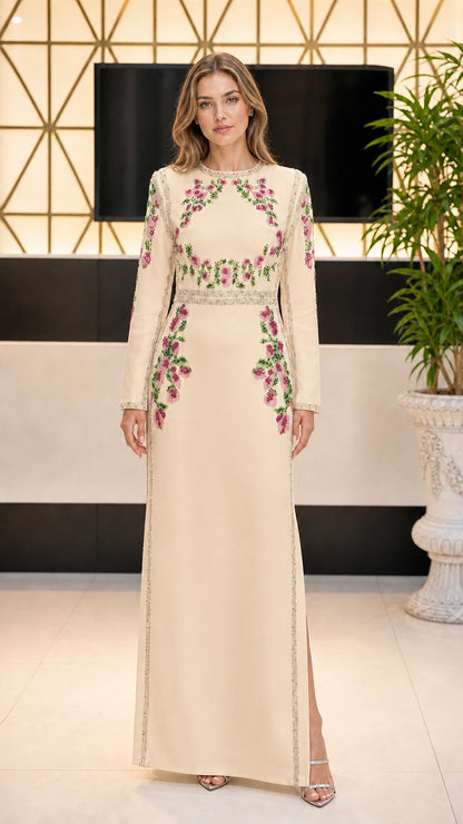Front view of champagne cream long sleeve evening maxi dress with floral embroidery