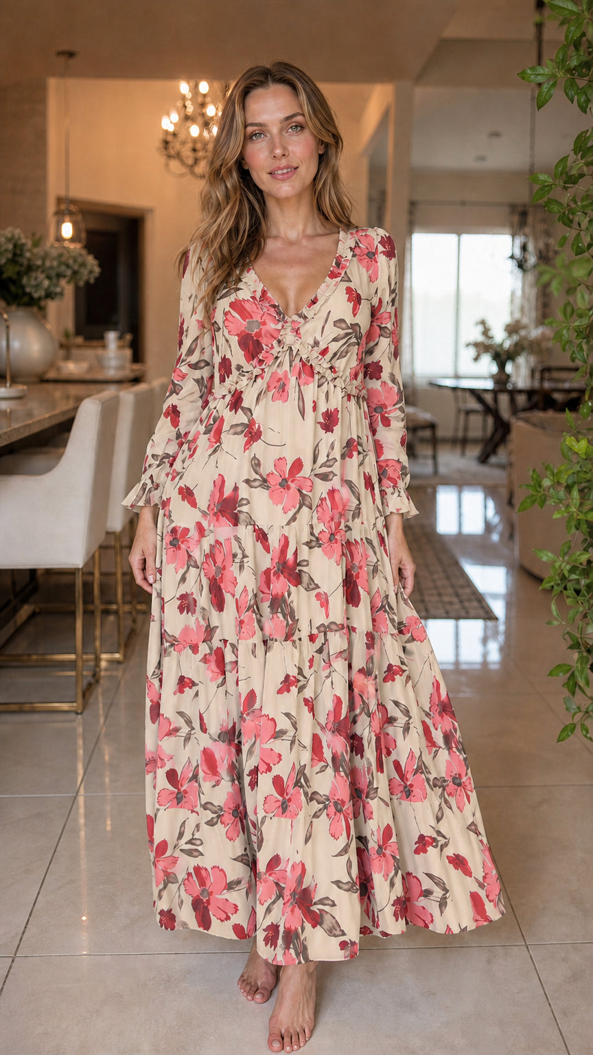 Front view of beige floral long sleeve tiered maxi dress