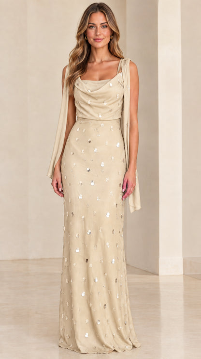 Champagne beige sequined cowl neck evening gown with shoulder sashes