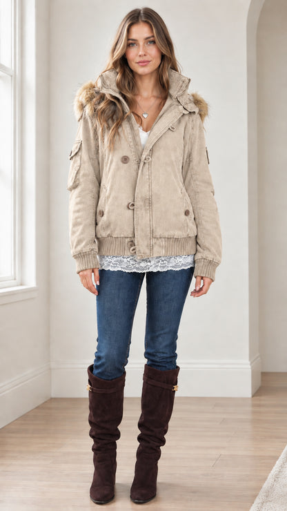 Front view of woman wearing Beige faux fur hooded utility bomber jacket