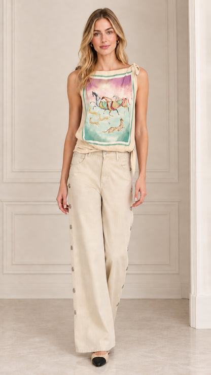 Women's scarf print sleeveless tie shoulder top in beige