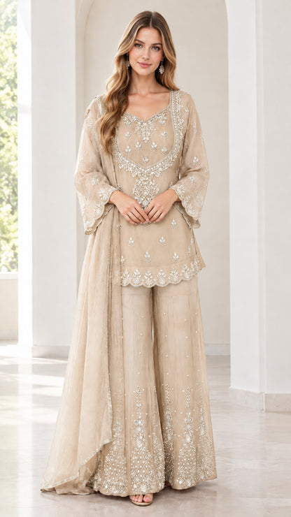 Full front view of women's embroidered champagne beige 3-piece sharara suit set
