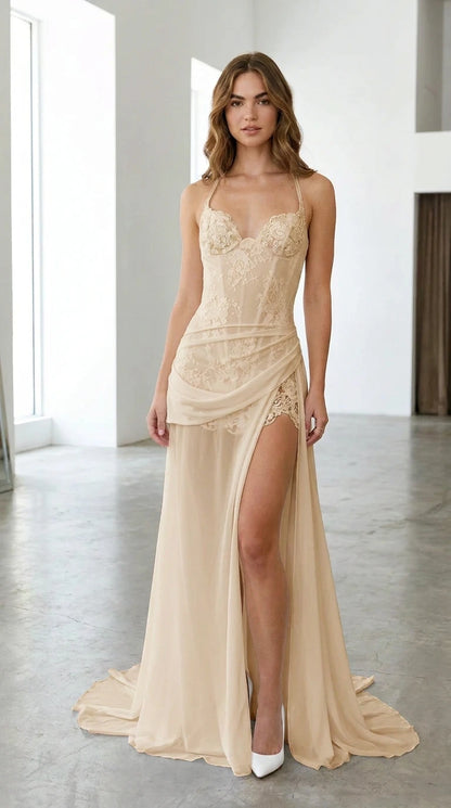 Model wearing champagne beige lace sweetheart corset formal gown