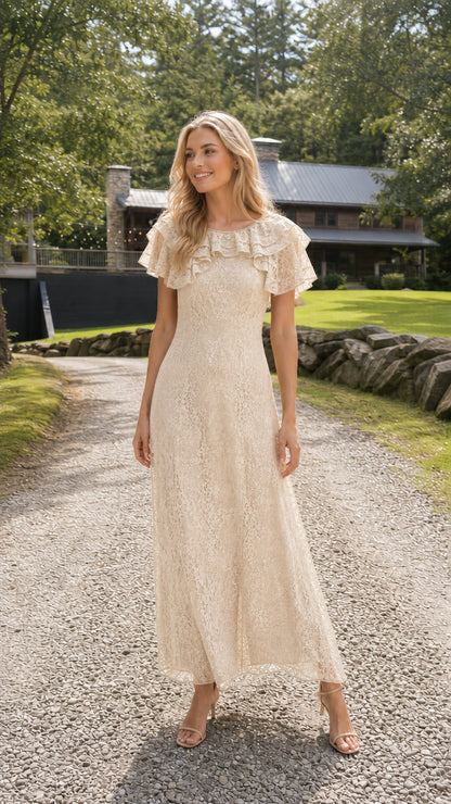 Full length photo of model in elegant champagne cream lace formal maxi dress
