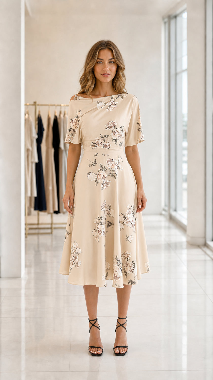 Front view of model wearing cream floral asymmetrical draped midi dress