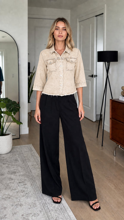 Model wearing khaki wash denim shirt jacket