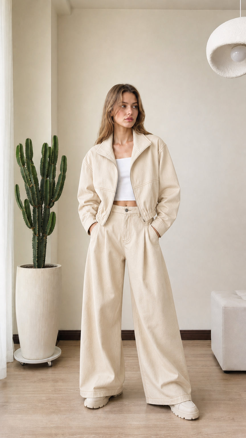 Full front view of model wearing beige cream denim matching co-ord set