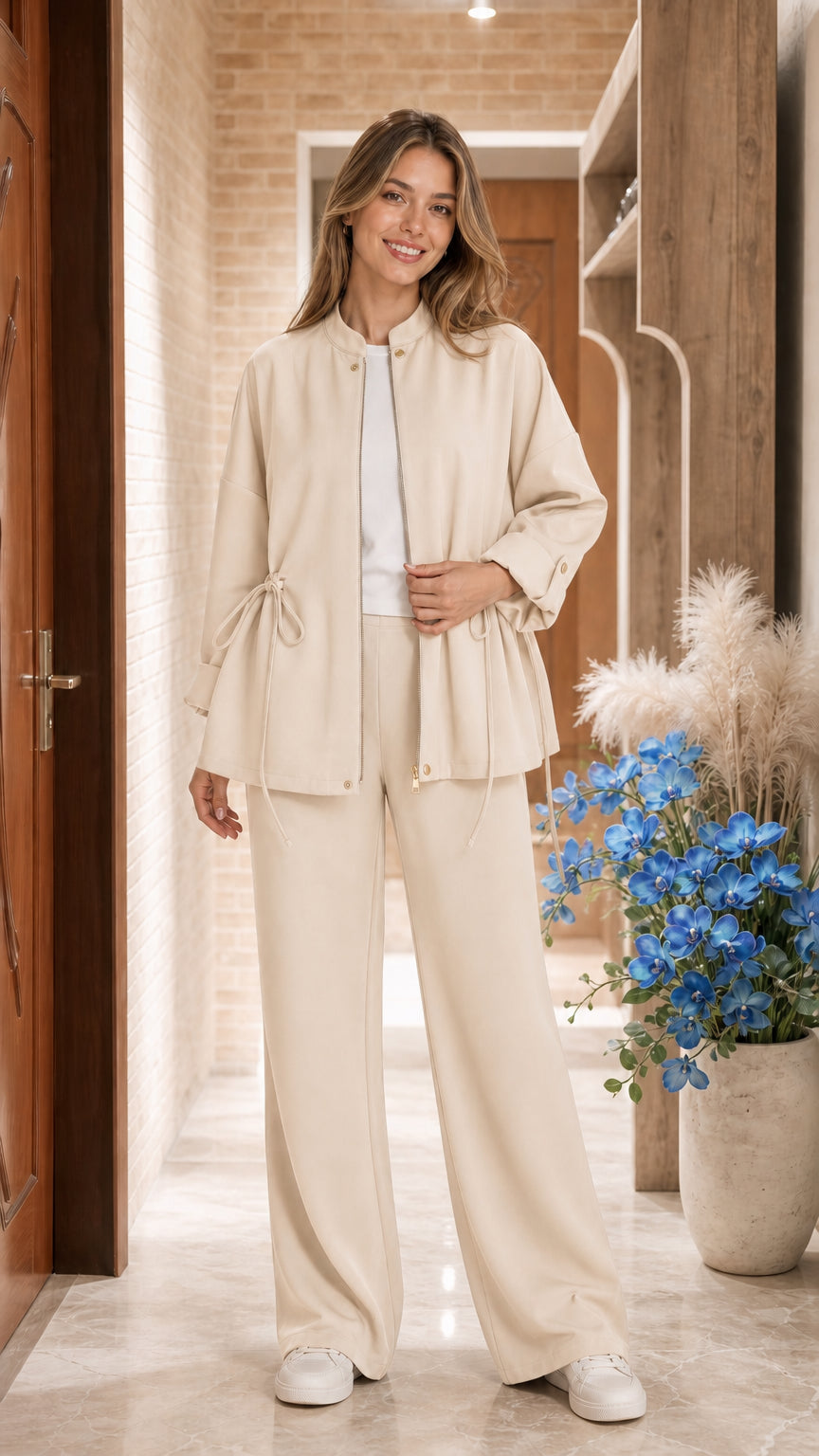 Model wearing Beige two-piece zip jacket and wide-leg pant set