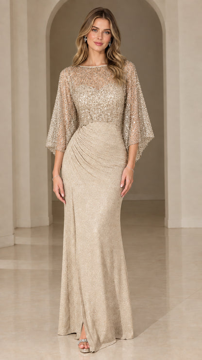 Champagne gold sequined ruched formal evening gown