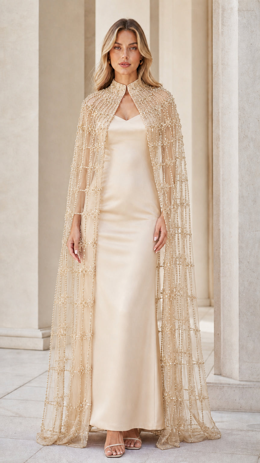 Model wearing champagne beaded cape and matching evening gown