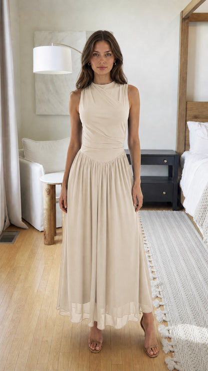 Front view of model wearing Beige chiffon maxi dress