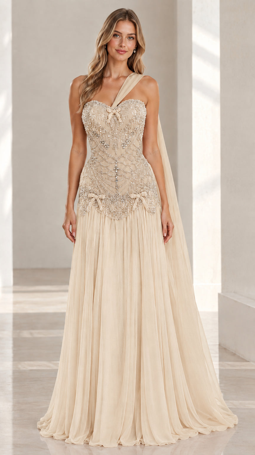 Champagne beige beaded corset one-shoulder evening gown