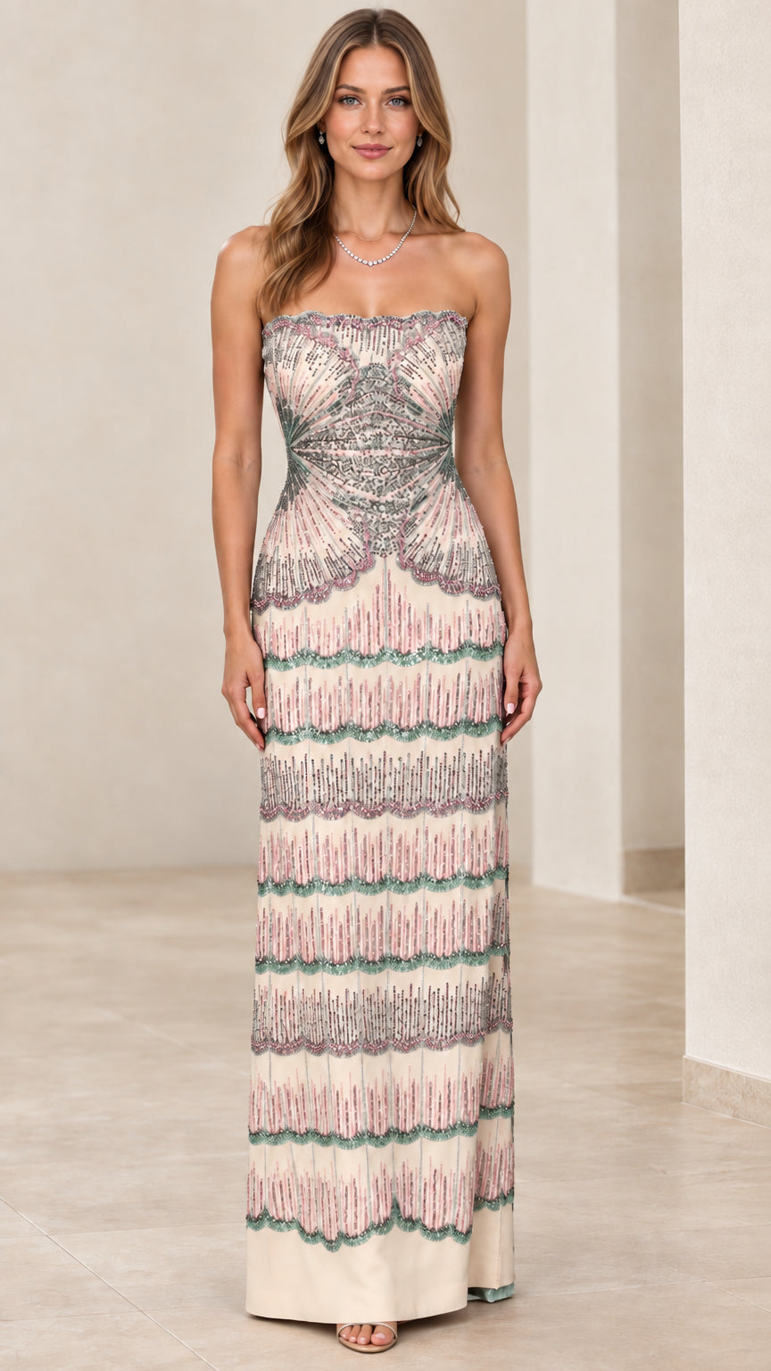 Champagne beige strapless sequined maxi dress