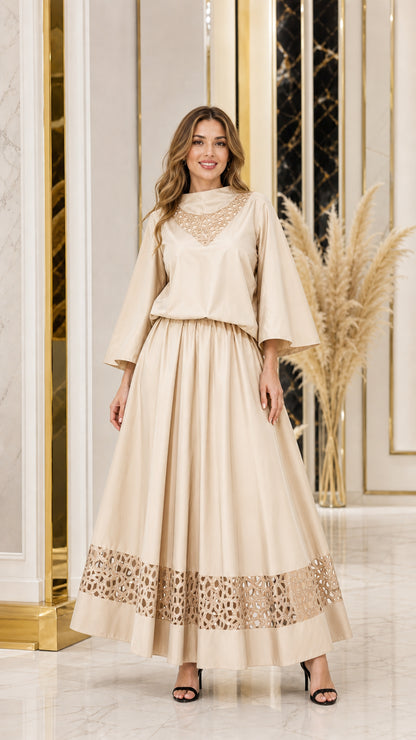Woman wearing beige elegant cutout neckline two-piece maxi skirt set