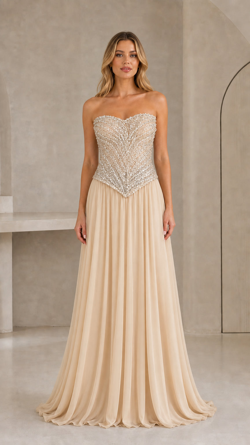 Full-length front view of champagne beige strapless sequin corset formal gown
