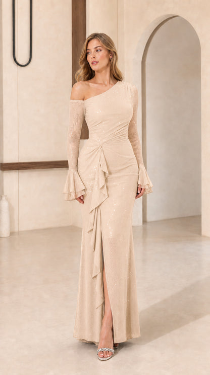 Model wearing champagne one-shoulder evening gown