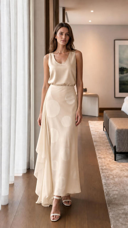Model wearing champagne satin set