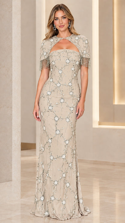 Champagne beaded column evening dress with fringe sleeves