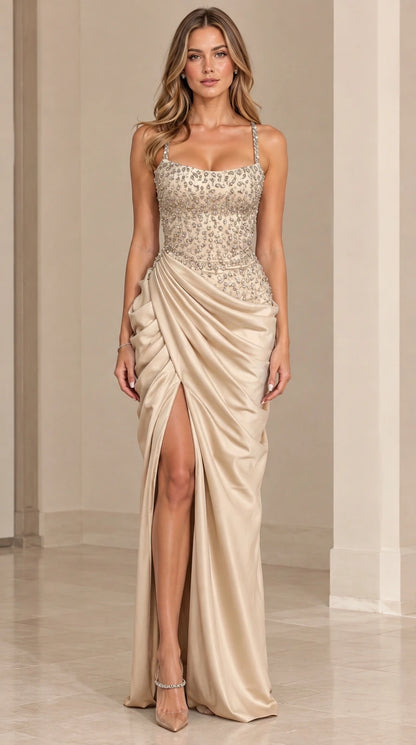 Model wearing champagne gold beaded corset satin evening gown