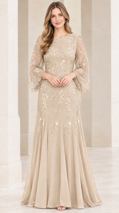 Front view of champagne beige sequined formal evening maxi gown