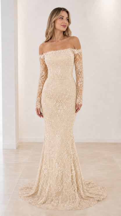 Model wearing Champagne gold sequin lace long sleeve formal mermaid dress