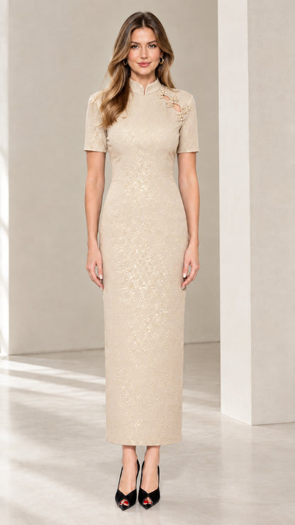 Champagne beige glitter column evening dress front view