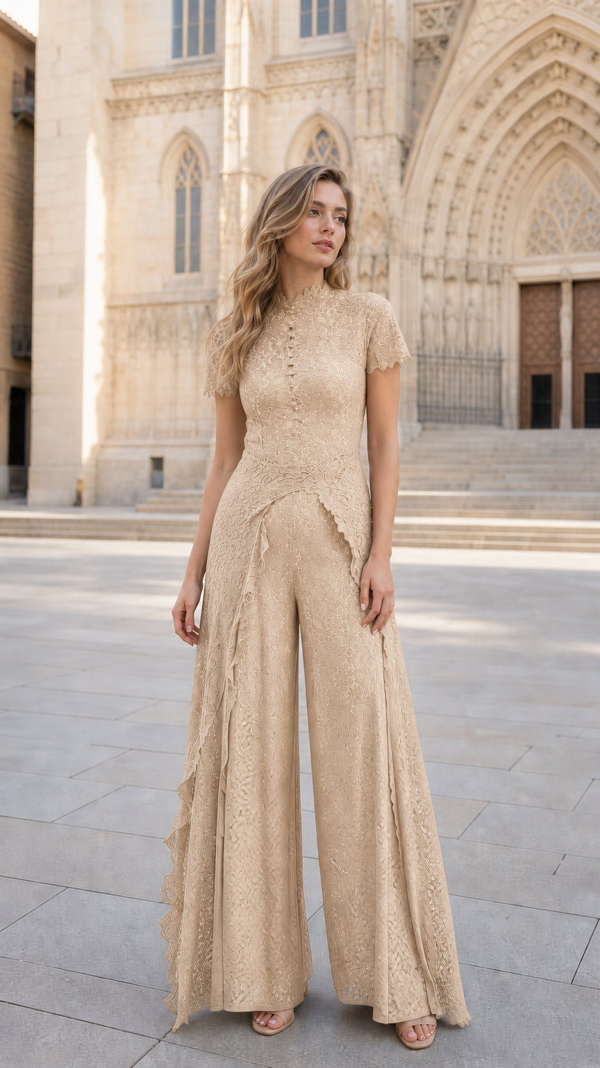 Front view of woman wearing Champagne floral lace wide-leg jumpsuit