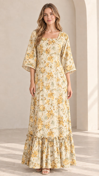 Model wearing Cream floral square neck maxi dress with bell sleeves