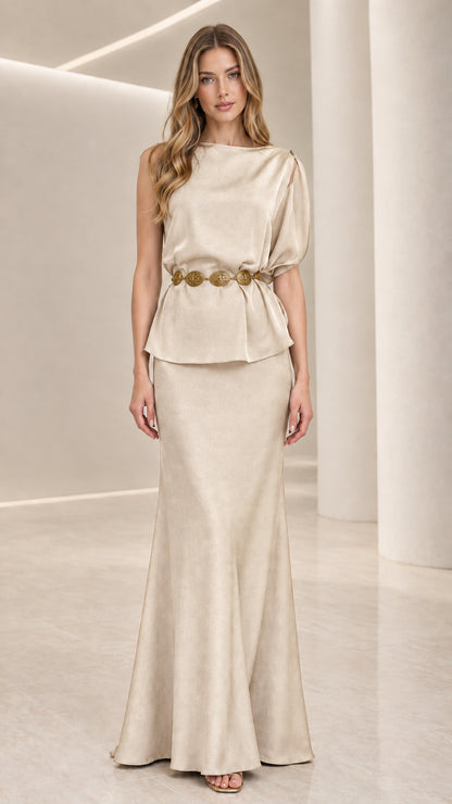 Champagne cream formal peplum maxi gown with belt