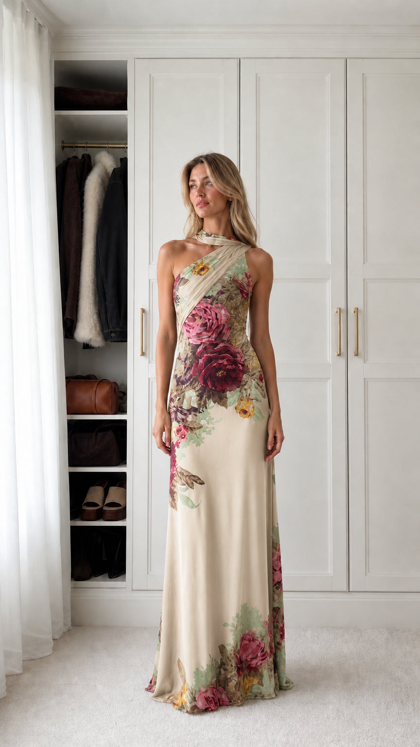 Cream floral halter maxi dress front view