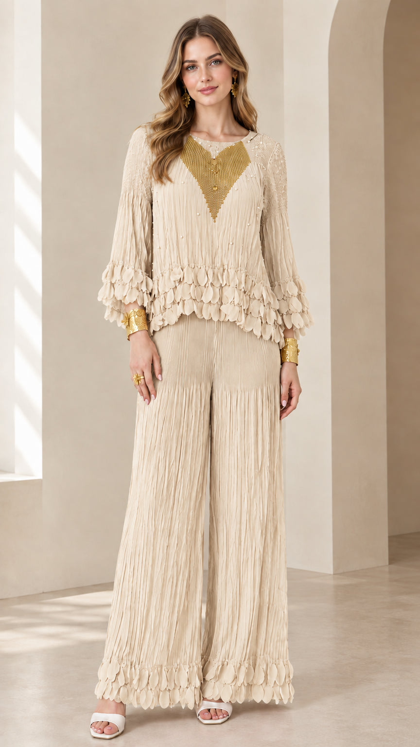 Beige cream crinkle pleated two-piece matching top and wide-leg set