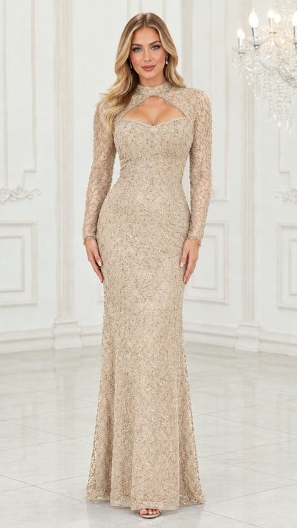 Model wearing champagne gold long sleeve shimmer lace evening dress