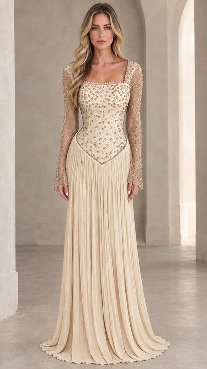 Front view of Champagne beige beaded long-sleeve formal evening gown