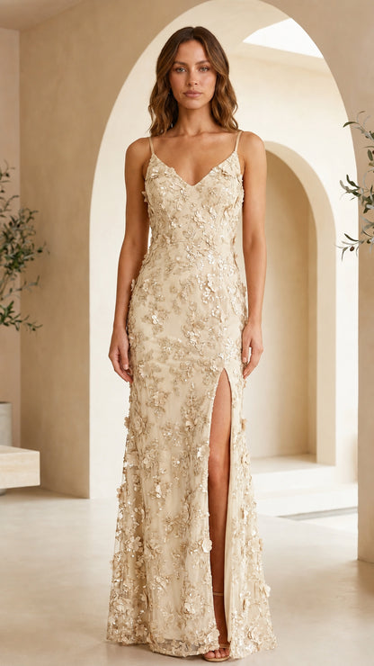 Model wearing champagne gold 3D floral applique spaghetti strap formal gown