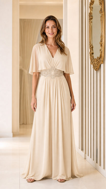 Full view of champagne V-neck chiffon maxi dress